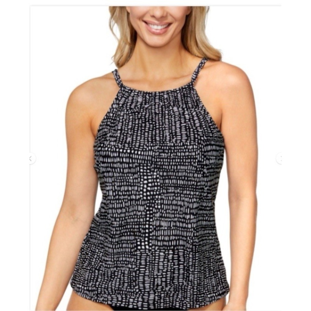 NWT Island Escape Tankini Top Womens Black White Dash Underwire 12 $40